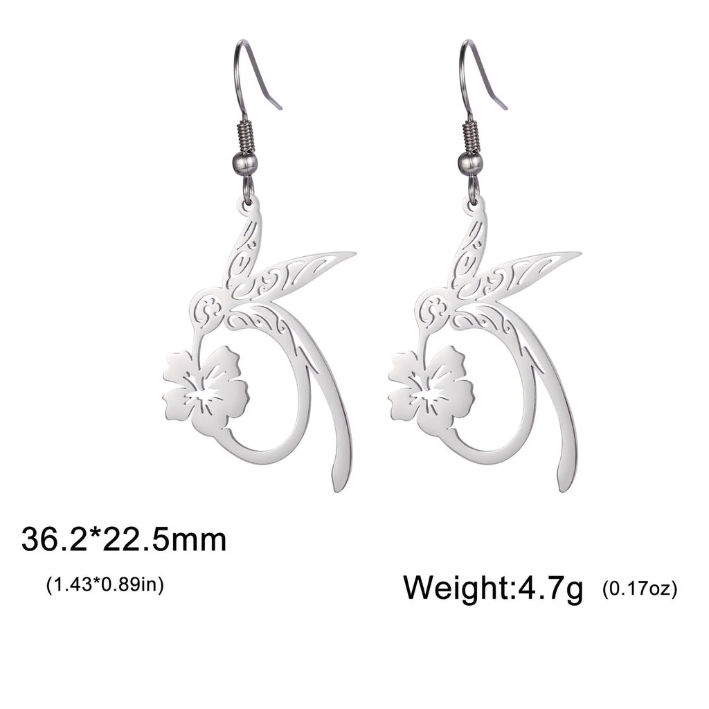 Pair of stainless steel hummingbird earrings with hollow openwork design, available in gold or steel colour