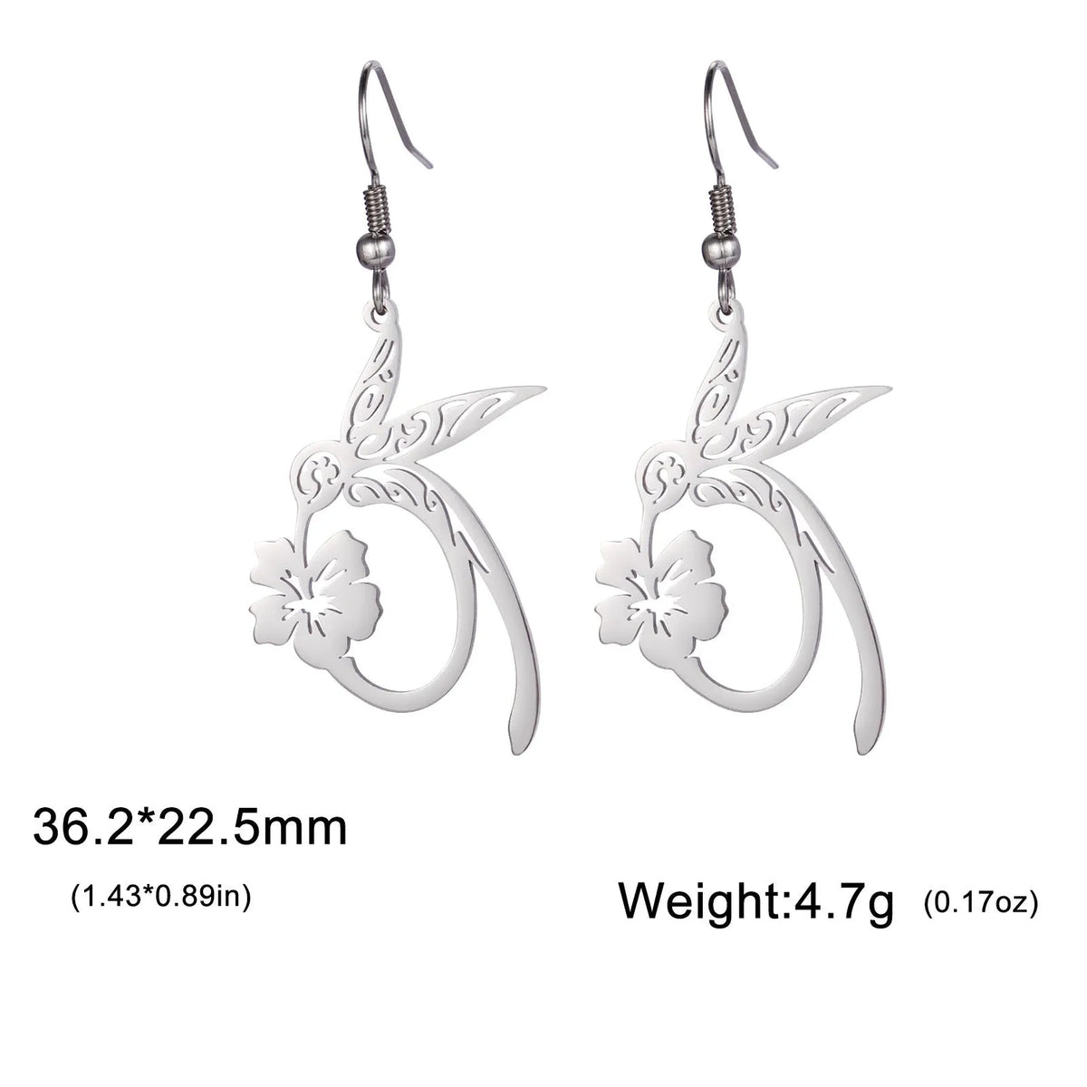 Pair of stainless steel hummingbird earrings with hollow openwork design, available in gold or steel colour