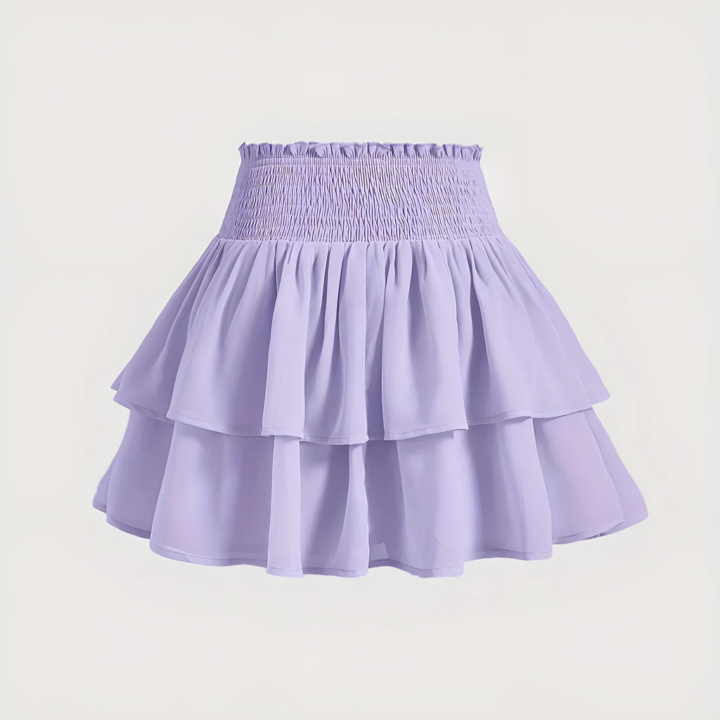 Puff short skirt high waist A-line with ruffles in solid purple polyester