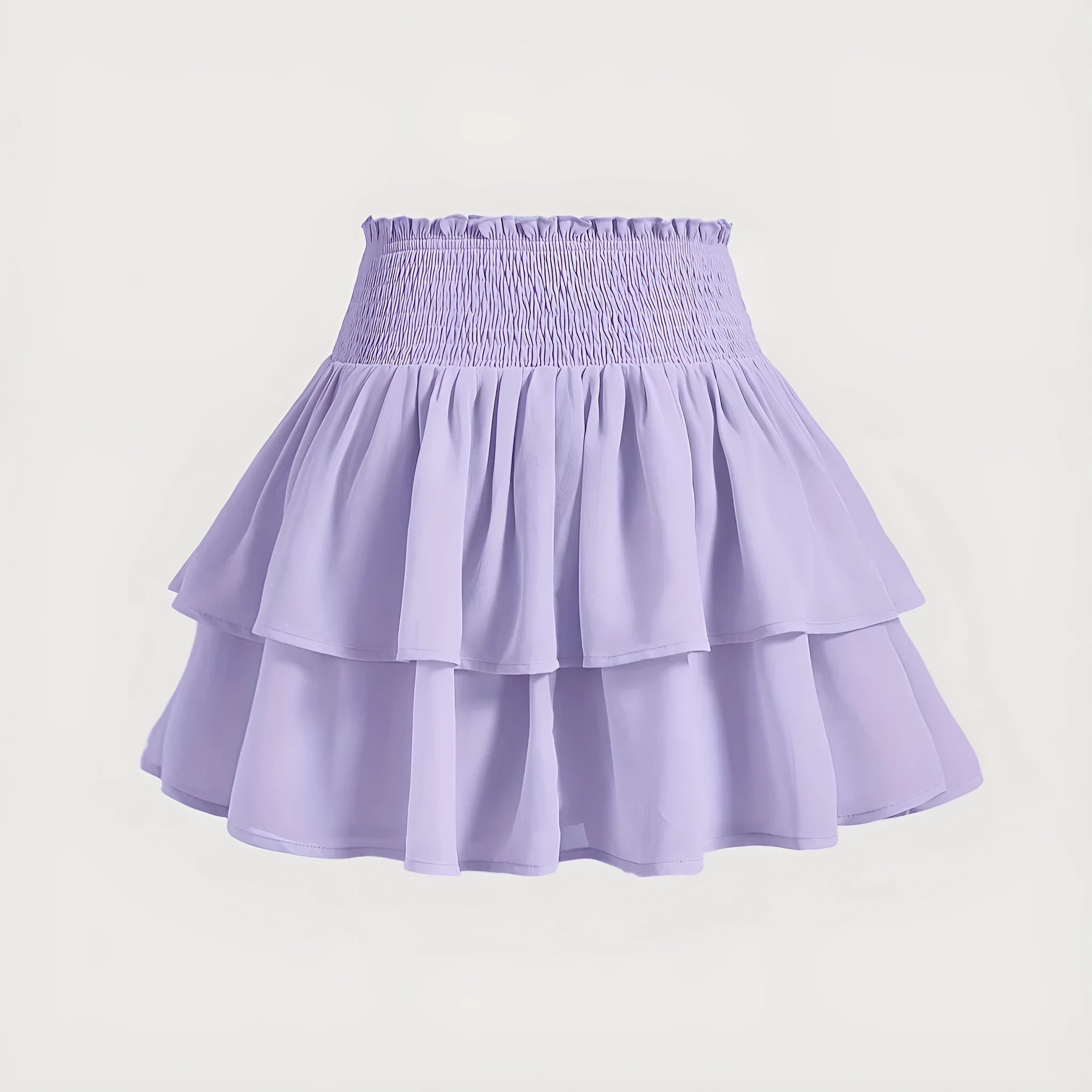 Puff short skirt high waist A-line with ruffles in solid purple polyester