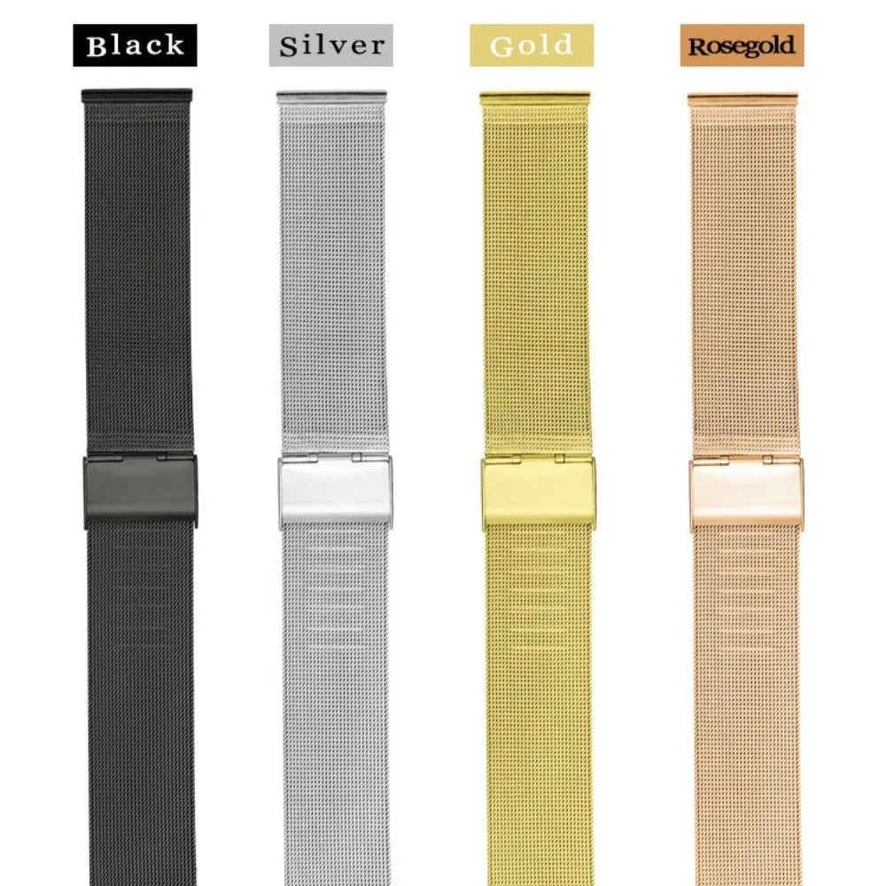 Milani woven stainless steel watch band in silver colour showing clasp and textured metal weave