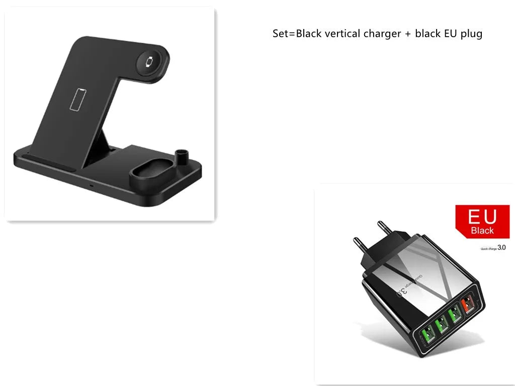 4-in-1 adjustable wireless charging station charging a phone, Apple Watch, and AirPods.