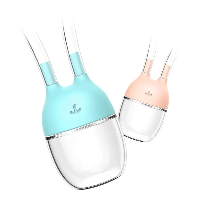 Mouth suction baby nasal aspirator with silicone soft tip and transparent storage tank in pink or light blue