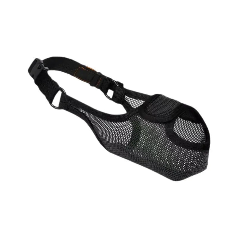 Breathable mesh dog muzzle mask in black, with adjustable straps, suitable for preventing scavenging and barking