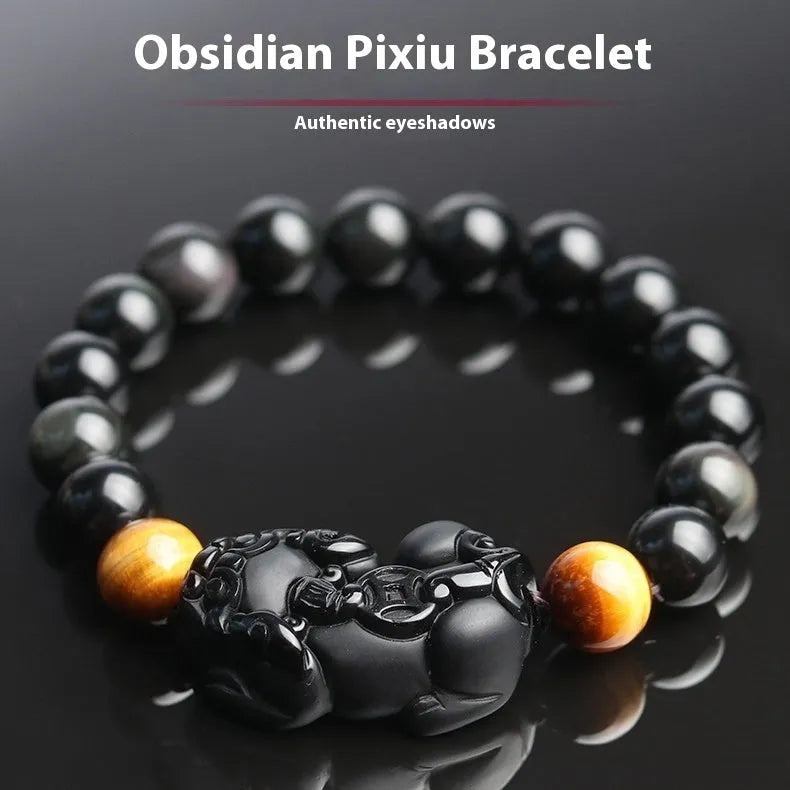 Black Mexico Gold Sheen Obsidian Pi Xiu crystal bracelet with ethnic design