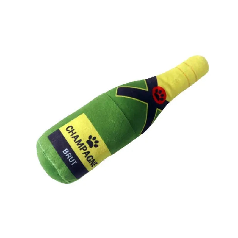 Soft plush pet toy in the shape of a wine bottle, shown in various colours.