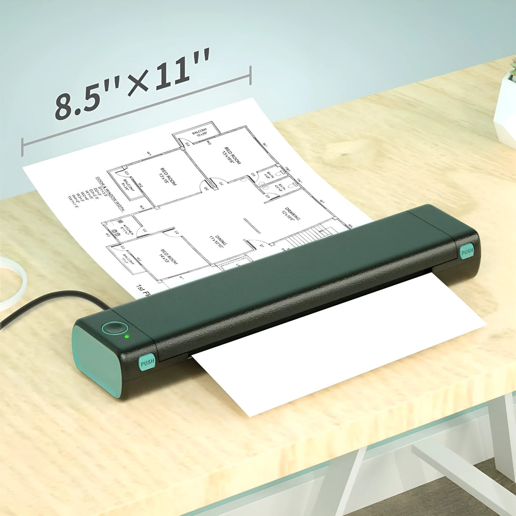 Phomemo M08F white A4 portable thermal printer with USB cable on a wooden desk