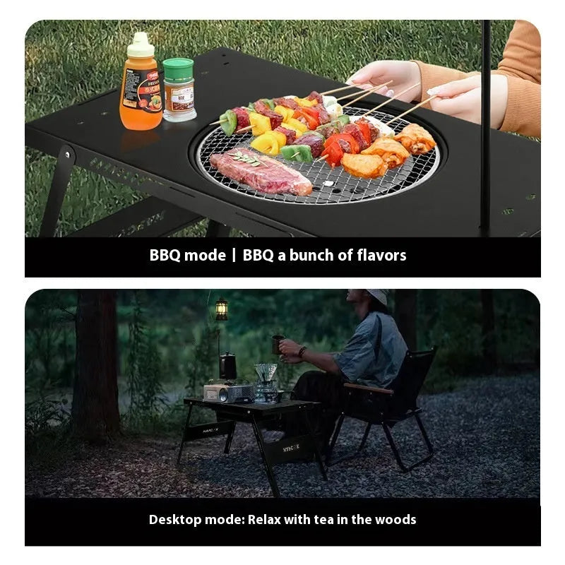 Folding multifunctional travel barbecue table with black steel construction and integrated cooking surface
