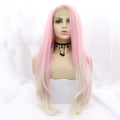 Pink gradient big wave fluffy synthetic fashion wig for ladies on a stand.