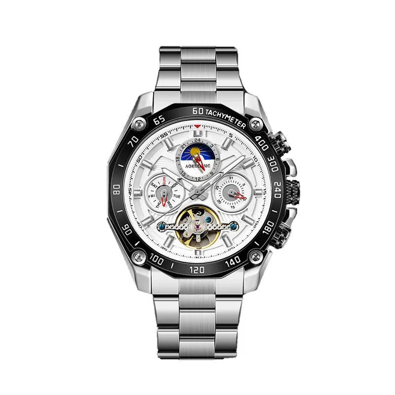 Men's automatic mechanical watch with a 12mm steel case on wrist, showing black dial and black case option.