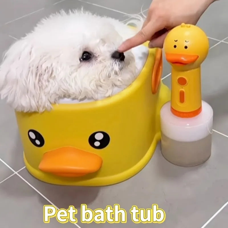 Blue duck-shaped PVC pet bath tub for washing dogs and cats on a floor.