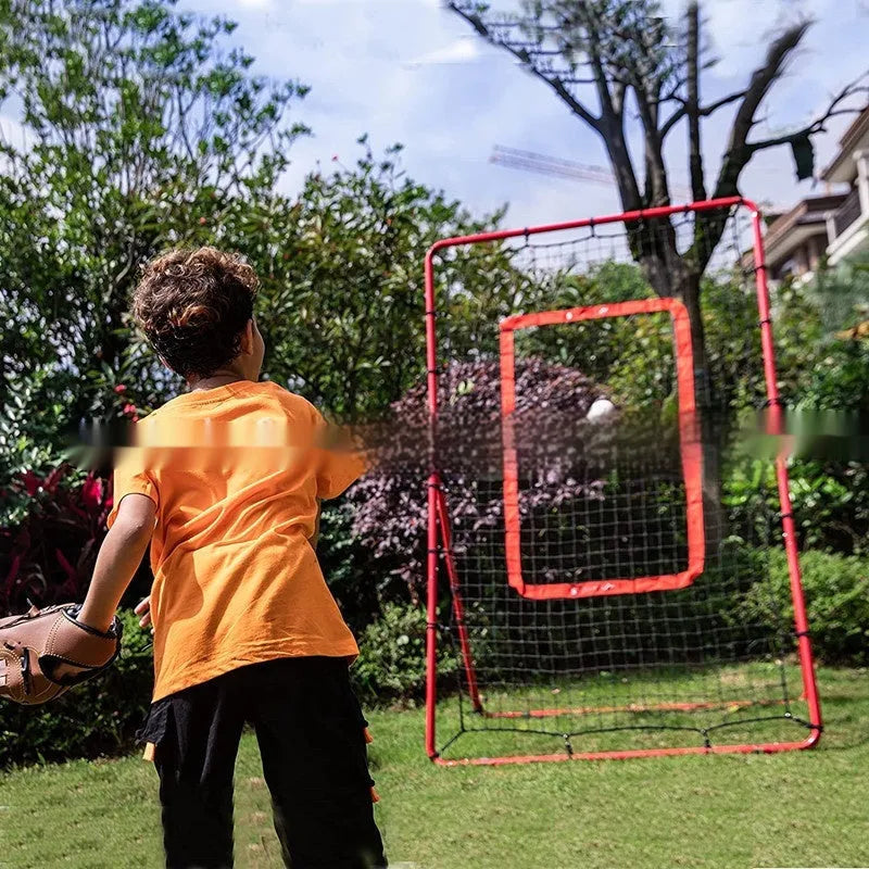 Red adjustable baseball training net with metal frame measuring 95cm wide