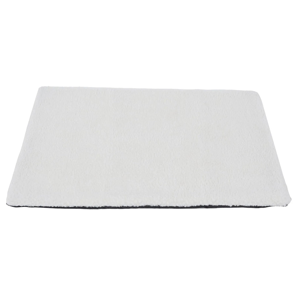 Grey self-heating pet bed with plush fabric and reflective thermal layer for indoor winter use