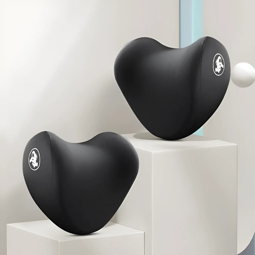 Heart-shaped car pillow set in various colours for lumbar and headrest support.
