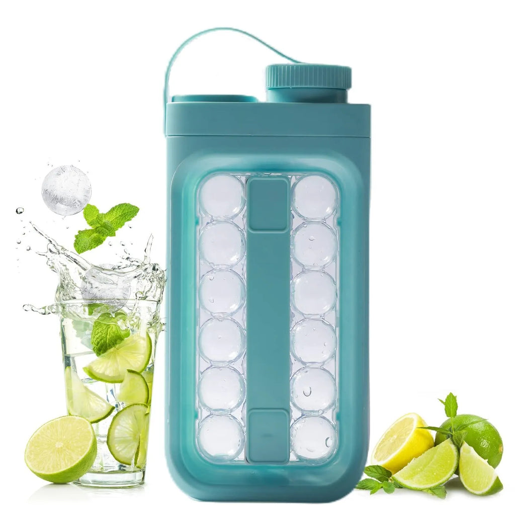 Light blue and white 2-in-1 ice ball tray and portable cold water bottle kitchen gadget.