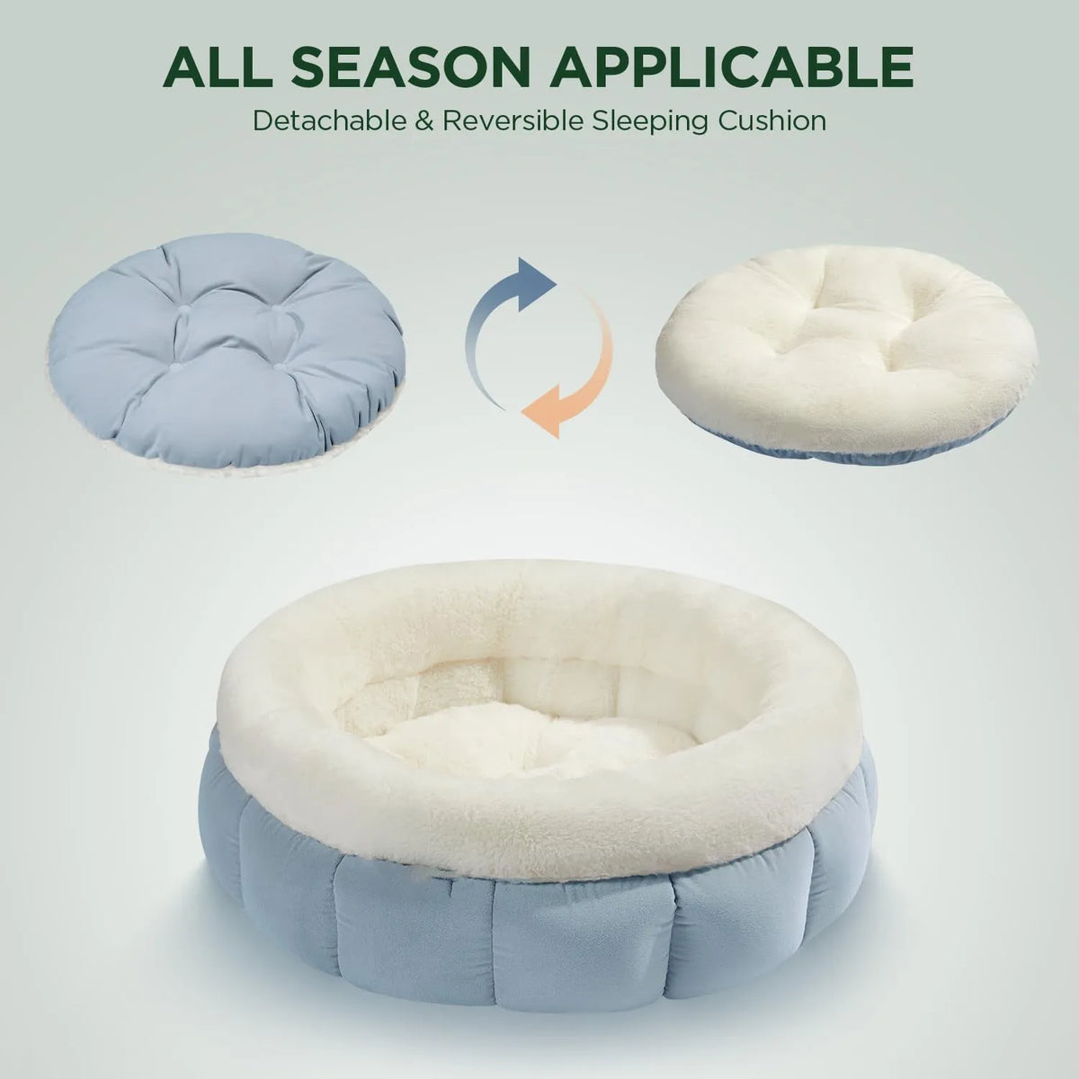 Round donut dog bed in faux rabbit fur with raised sides and anti-slip bottom, sizes XS to XL, colours blue brown green pink
