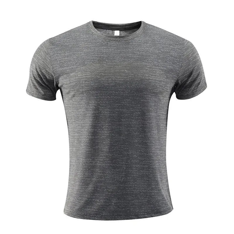 Man's short-sleeved red running T-shirt made from polyester spandex fabric for sports.