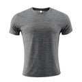 Man's short-sleeved red running T-shirt made from polyester spandex fabric for sports.