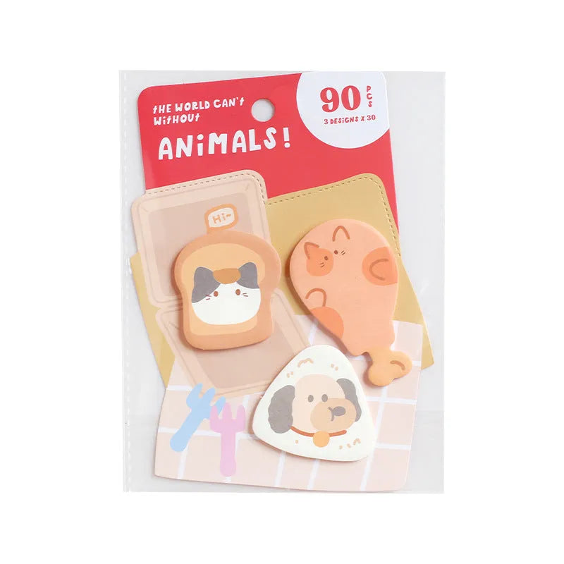 Animal shaped sticky note set showing six cover colour options including kitten and puppy designs