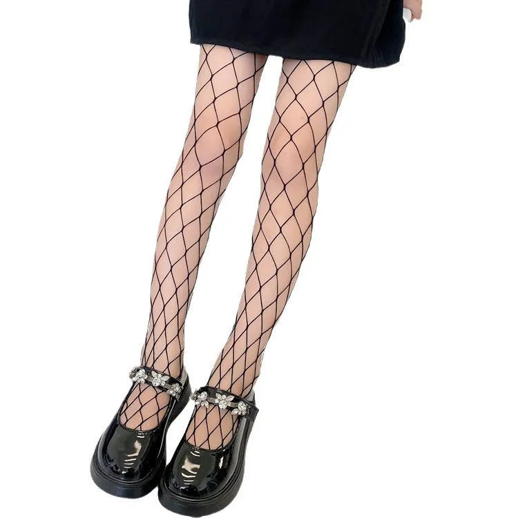 Women's black and white mesh stockings showing large, medium, and small pattern examples.