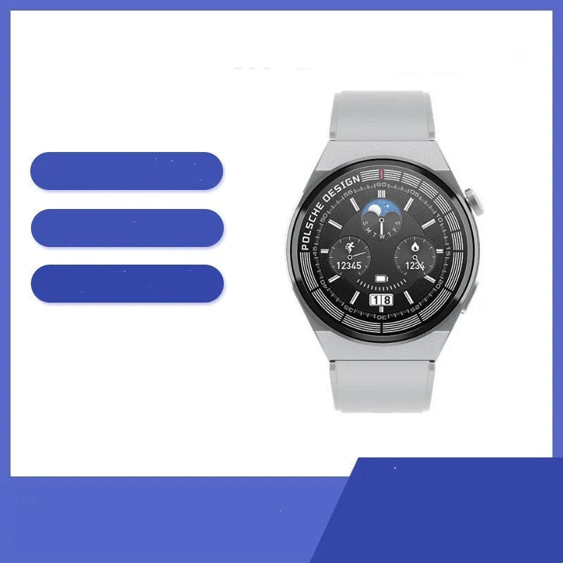 Bluetooth smart watch with 1.35 inch screen showing heart rate monitoring, silicone strap, black colour