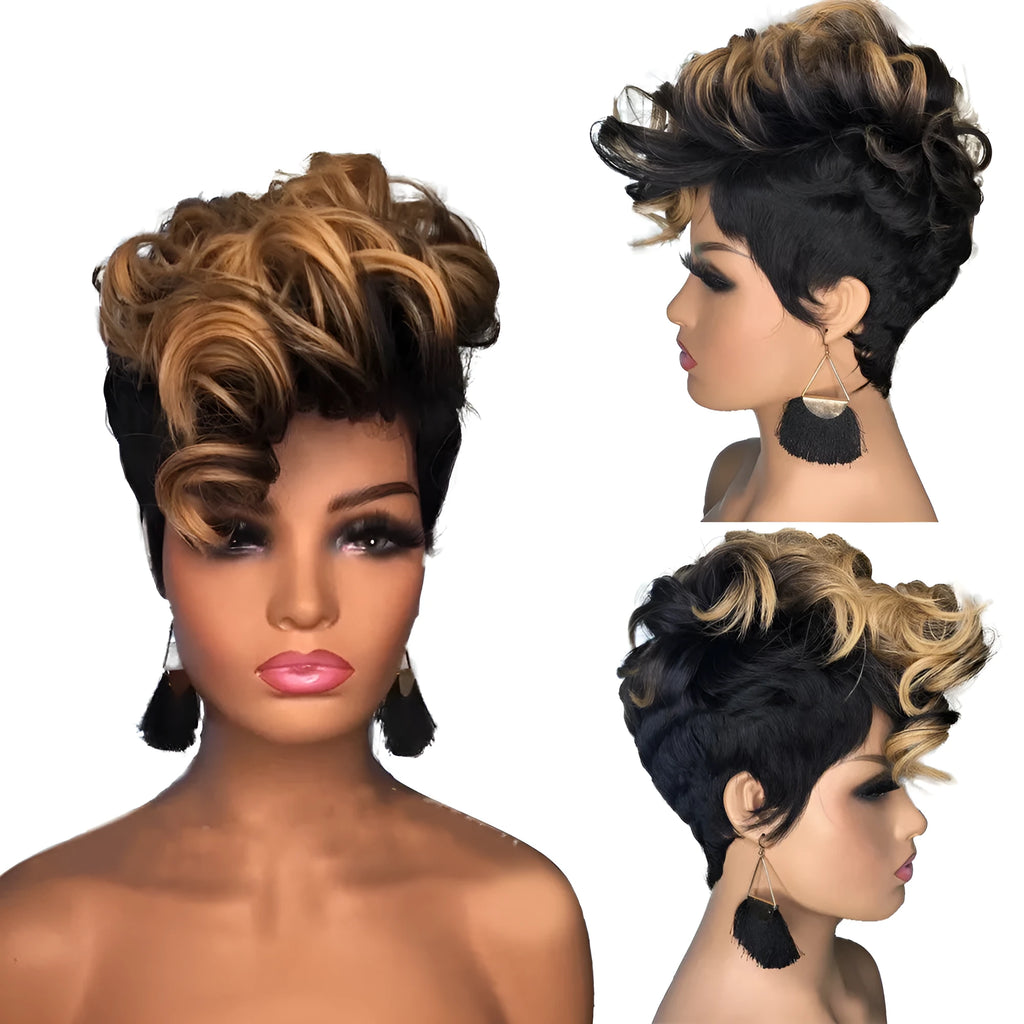 Short curly wig with small curls and Qi bangs, 15cm length, adjustable 52-56cm head circumference, button net cover
