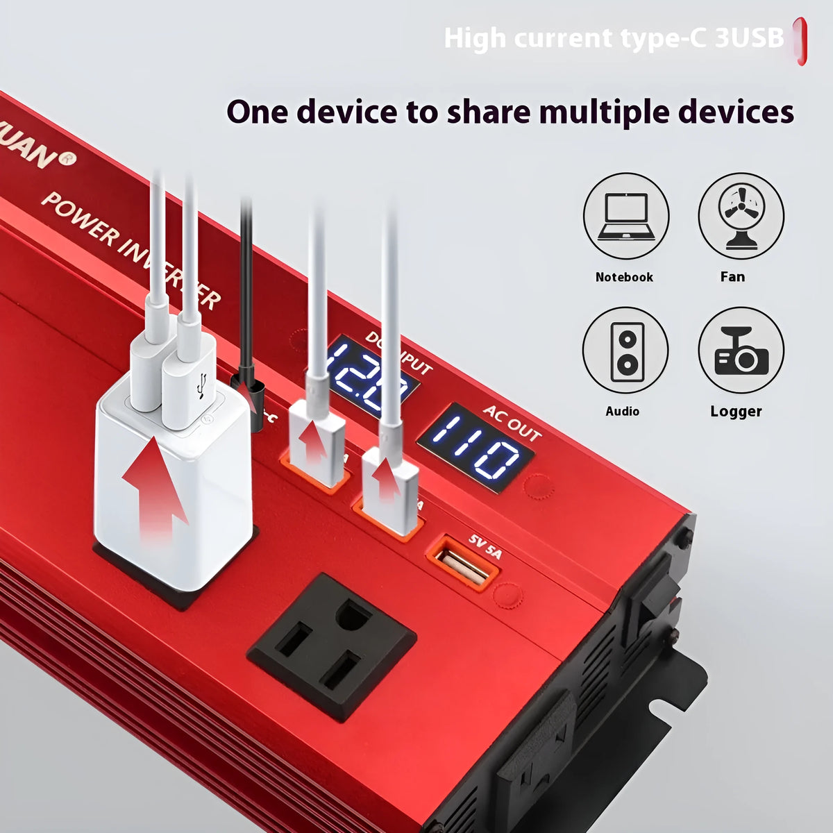 1200W car inverter 12V 24V to 110V US socket, 26cm x 10cm x 5.5cm, black or red, LED display and air cooling.