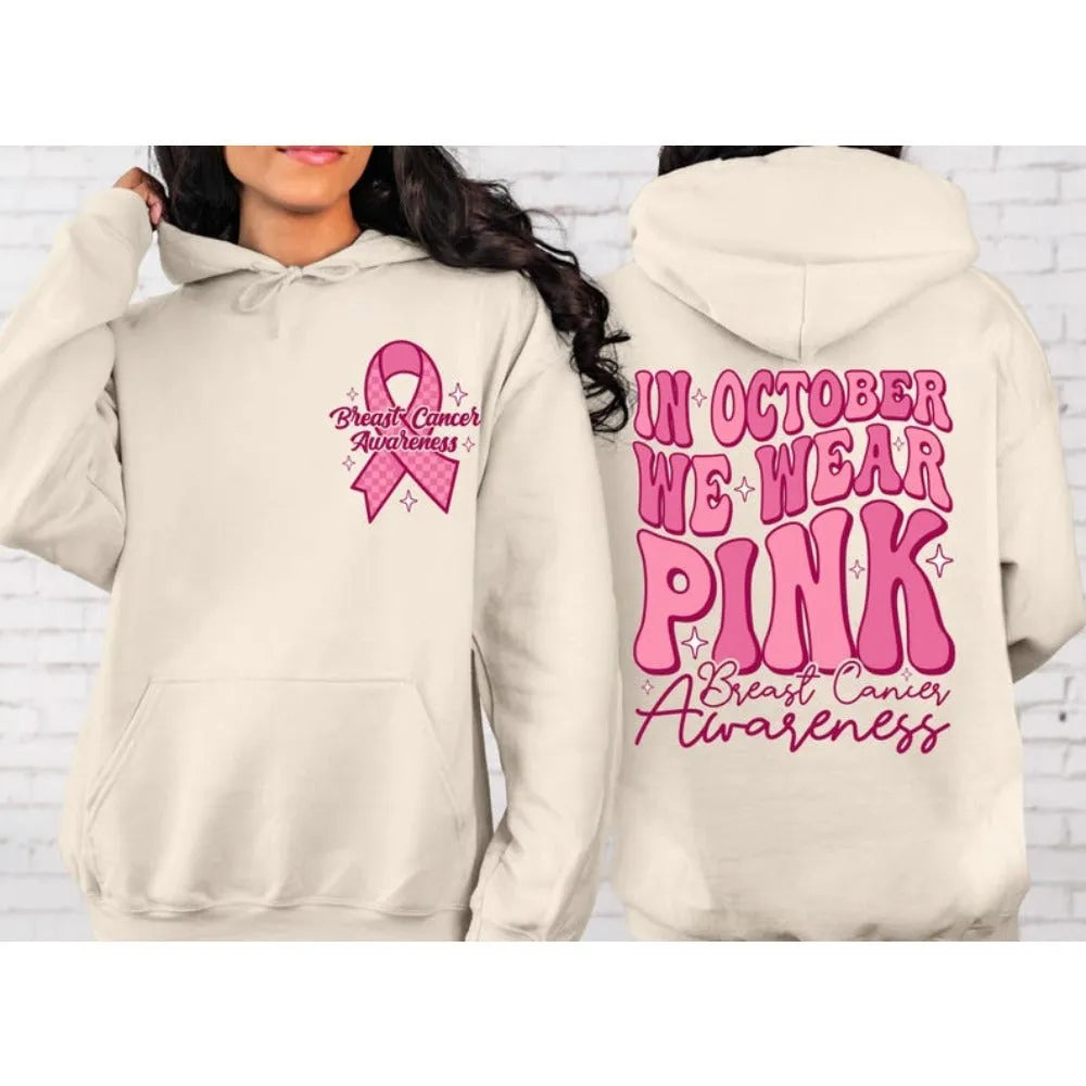Breast Cancer Awareness hoodie with retro pattern and side seam pocket in pink colour.