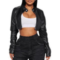 Women's cropped black PU leather biker jacket with zippers, ultra-short length, slim fit