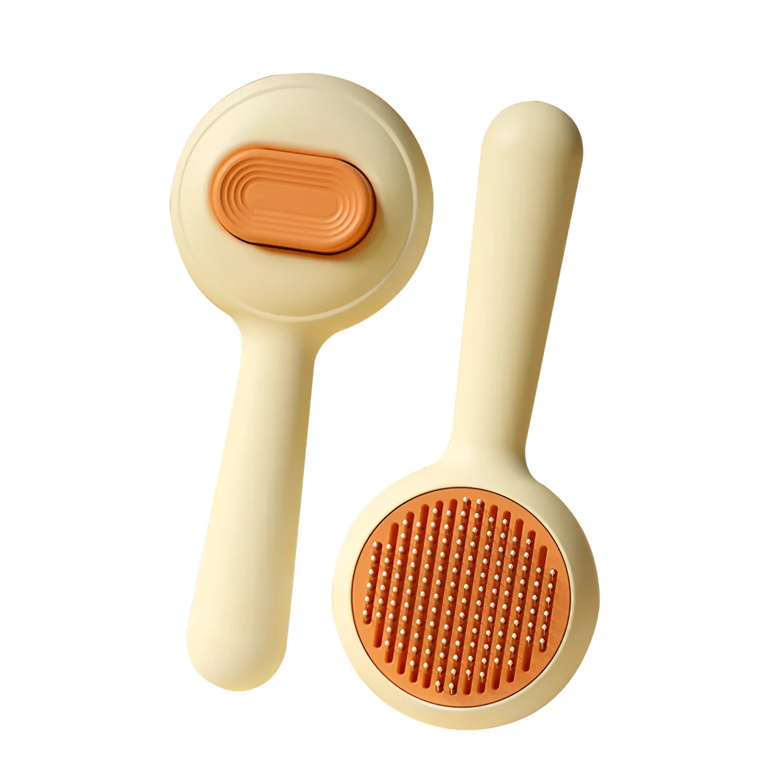 Stainless steel cat grooming brush with non-slip handle in green and yellow colour options
