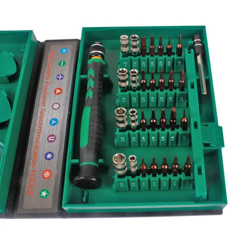 Screwdriver kit with S2 alloy bits in a compact storage case on a workbench