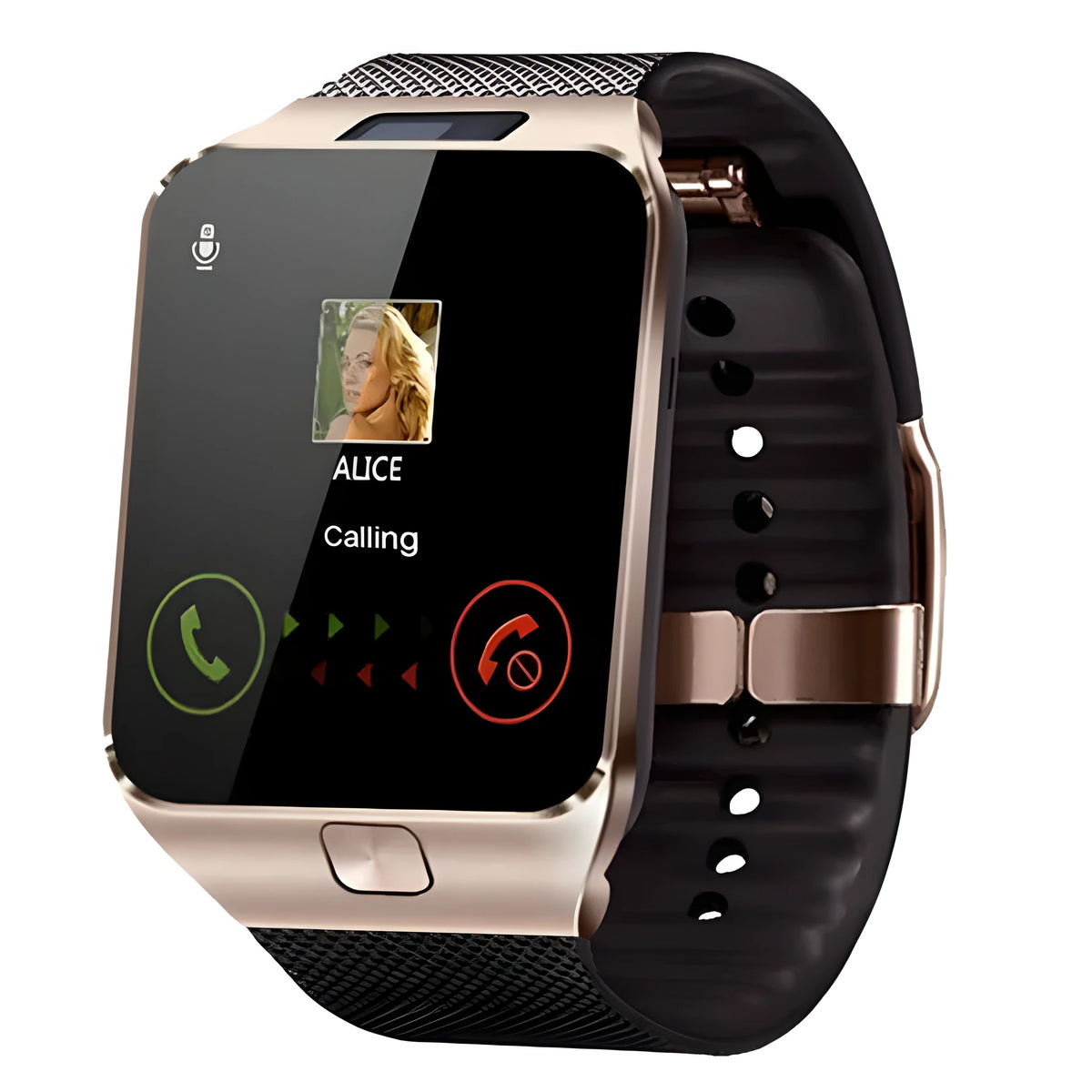 Smart watch with Bluetooth calling, 1.44 inch touch screen, black strap, on wrist showing call interface