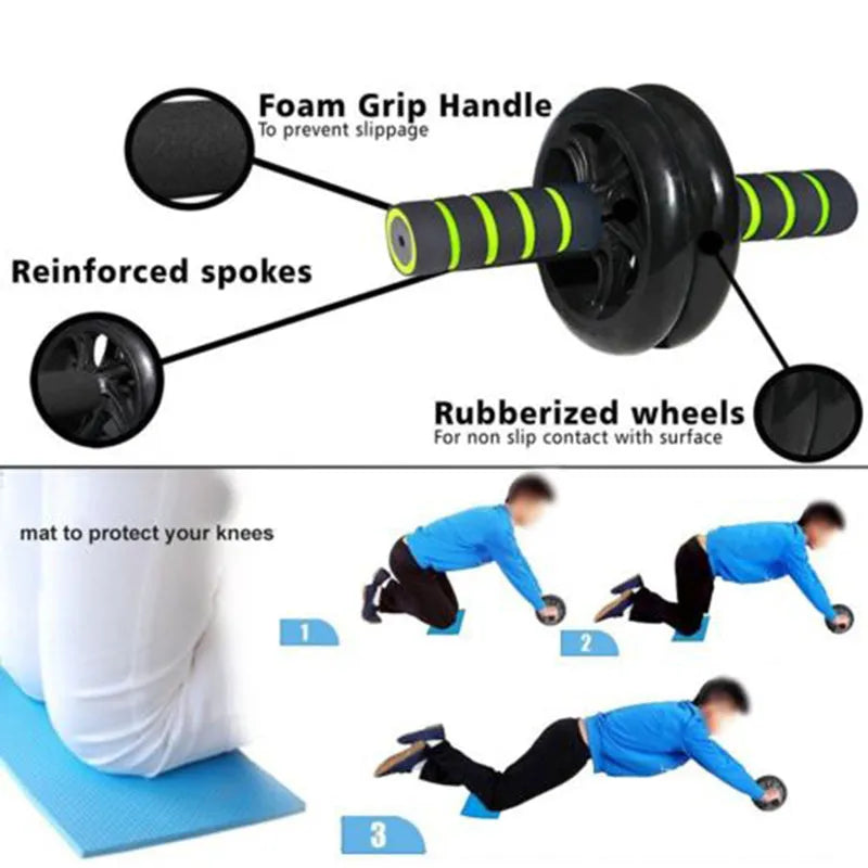 Dark blue double-wheel abdominal roller with push-up support and palm guard, ABS plastic, 16.5cm and 14.5cm roller diameters.