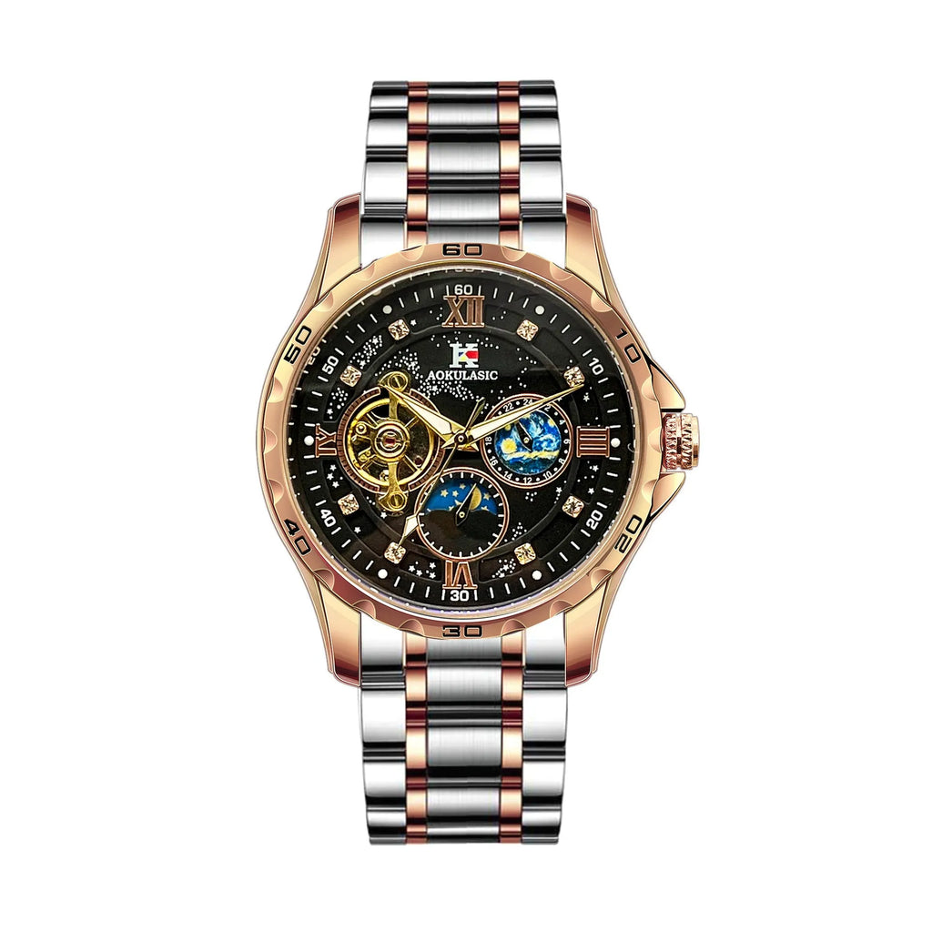 Rose gold automatic men's watch with large black dial and stainless steel case