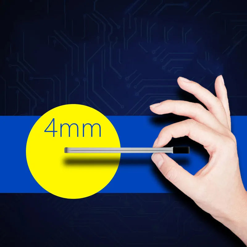Silver slim graphene battery power bank showing side profile and dimensions.