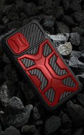Lens slide cover phone case for iPhone 13 and iPhone 13 Pro in red, blue, or black, made from TPU and PC.