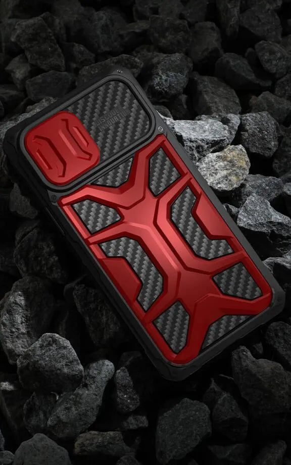 Lens slide cover phone case for iPhone 13 and iPhone 13 Pro in red, blue, or black, made from TPU and PC.