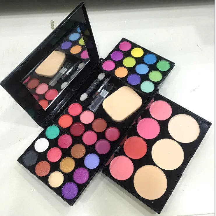 Three-layer makeup box set with 24-colour eyeshadow, 8-colour lipstick, 4-colour blush, 3 powder cakes, mirror and brushes