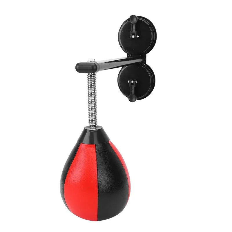 Red and black pear-shaped hanging boxing ball with dual suction cup mounting system