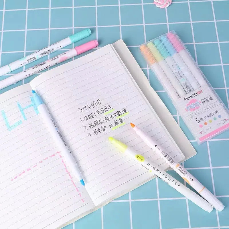 5 double-headed gel pens in different colours showing both chisel and fine bullet tip styles