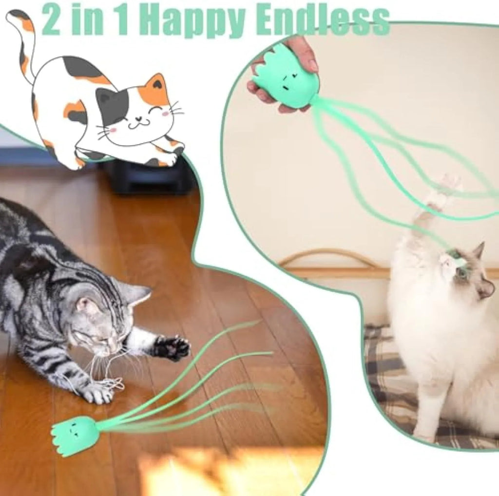 Green rechargeable automatic cat wand toy with swinging silicone tail on a white background.