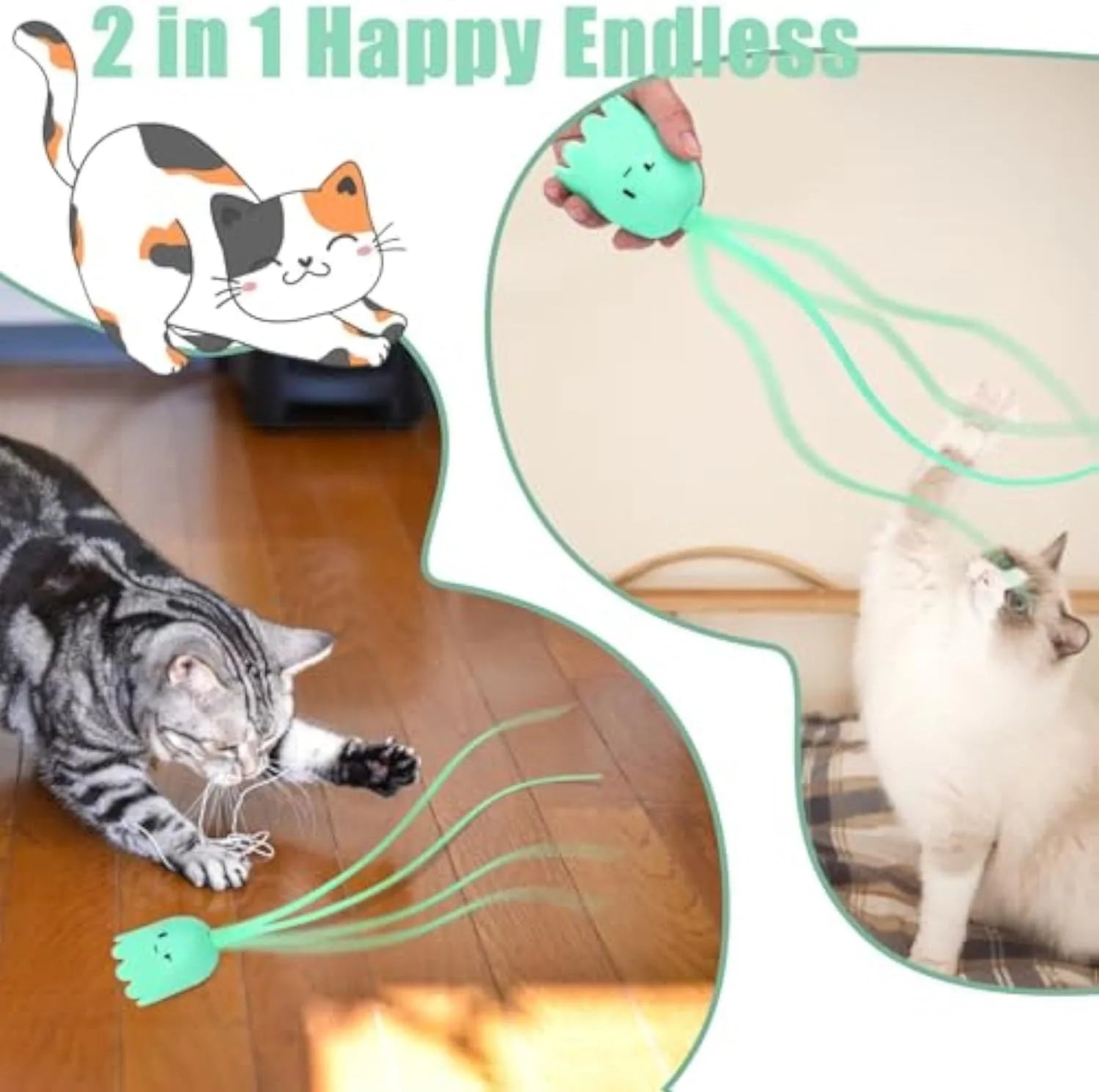 Green rechargeable automatic cat wand toy with swinging silicone tail on a white background.