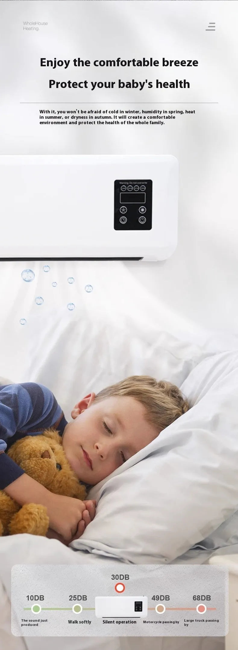 White wall-mounted warm air blower bathroom heater with digital temperature control, 42x18x12cm