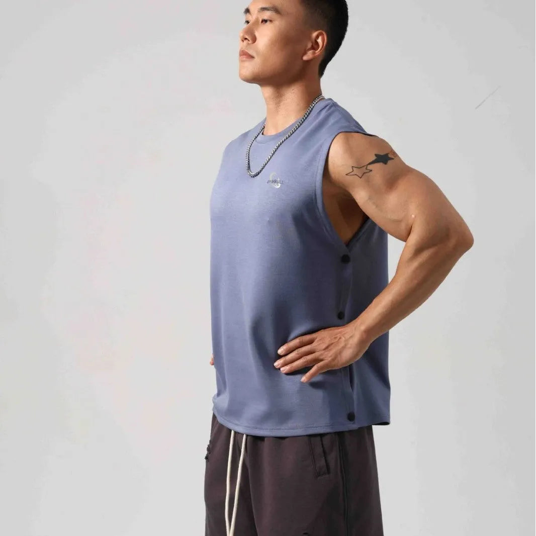 Men's loose black cotton fitness vest showing hidden hook side opening detail.