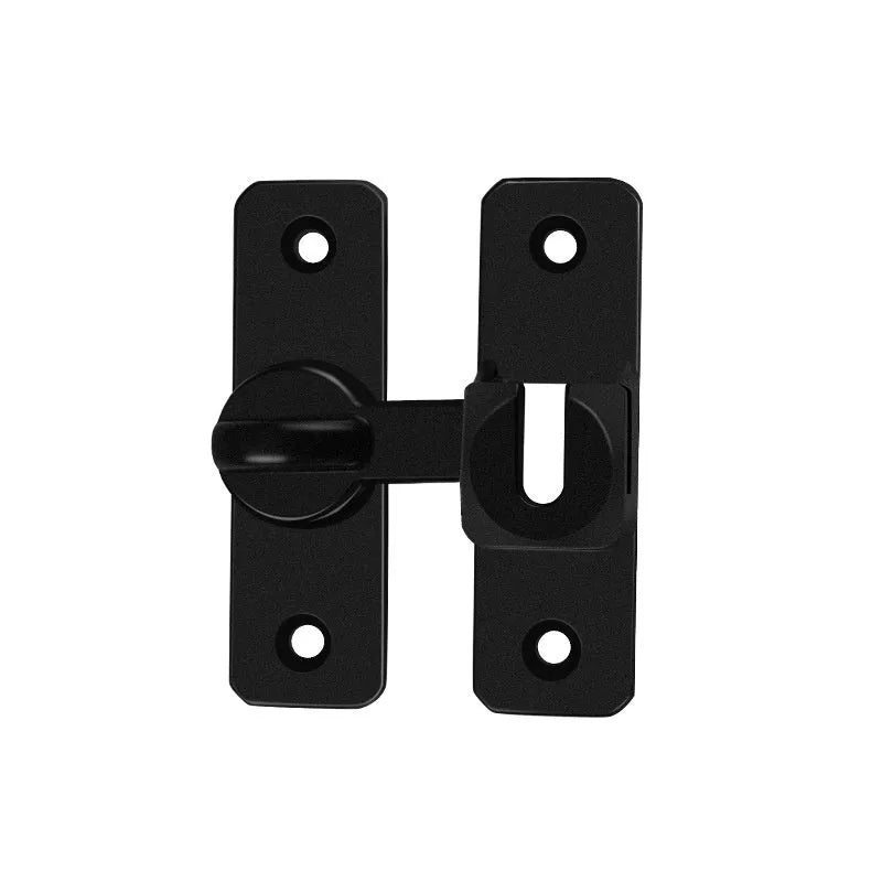 Aluminum alloy punch-free door latch shown in silver finish with screws, positioned at 90-degree angle