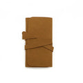 Soft brown leather jewellery storage pouch for earrings and rings, shown at 12cm square size.
