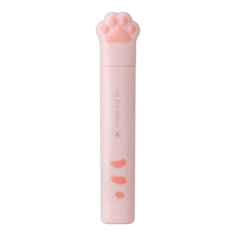 Cat paw design mini folding safety scissors in four colours: black, blue, pink, and white.