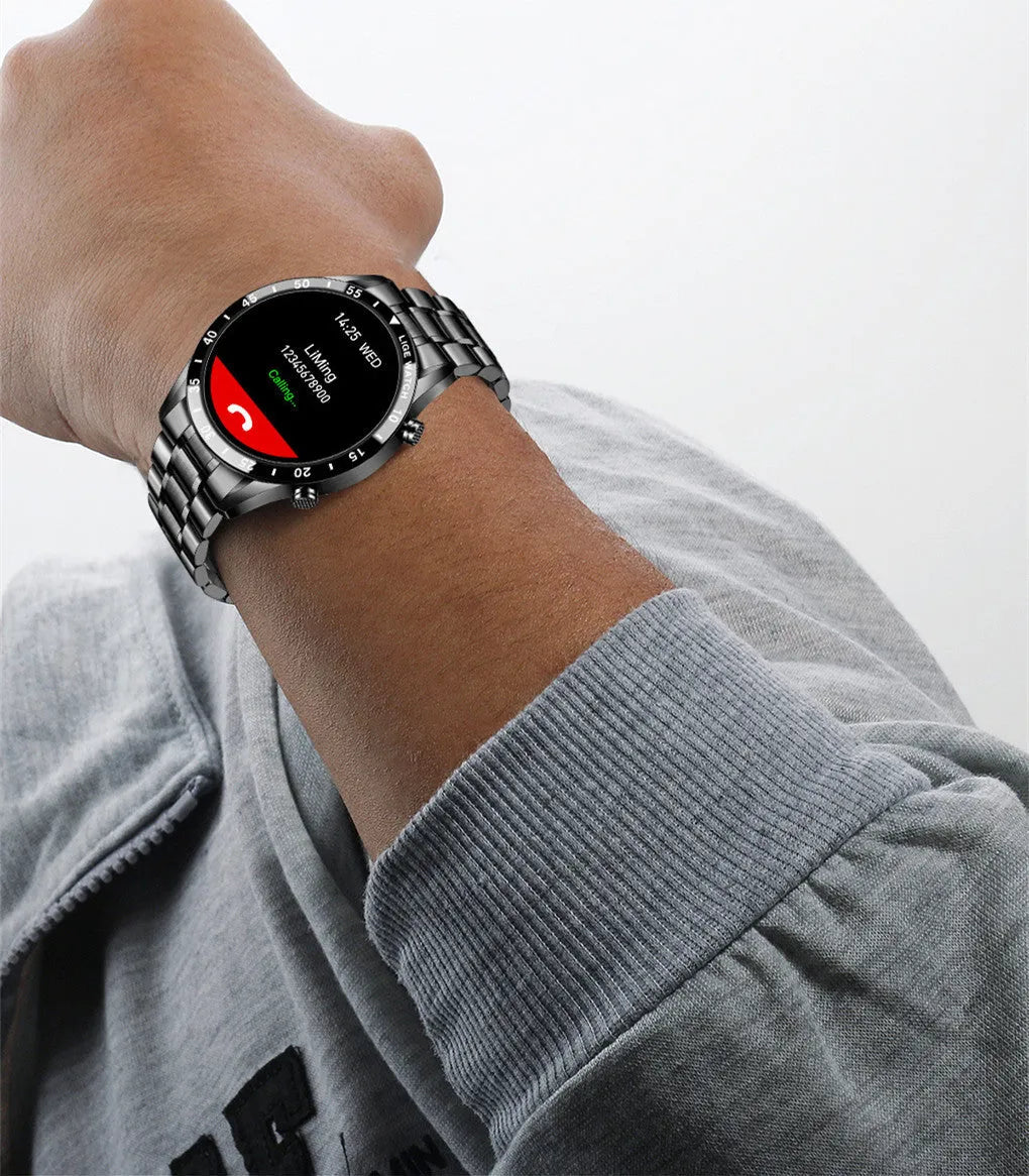 Smart watch with stainless steel wristband and 1.3-inch touch screen displaying step count