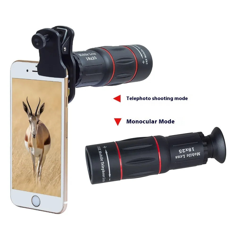 18x high-definition external telephoto lens for mobile phones with clip-on mount and handheld bracket