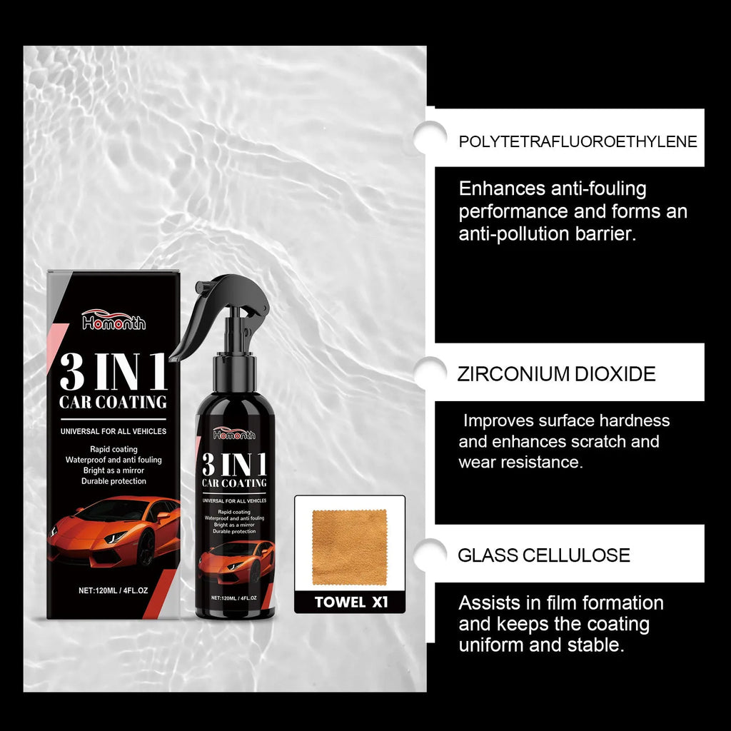 3-in-1 car coating spray with wax in 120ml bottle and 20x20cm towel for DIY car detailing